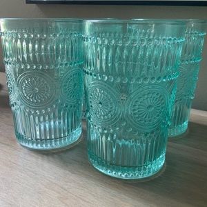 Set of 4 Pioneer Woman Adeline 16oz Teal Glass Drinking Glasses